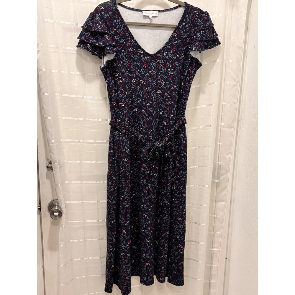 Merrick White Navy Blue Floral Ruffle Sleeve Midi Dress V-Neck Tie Waist Medium